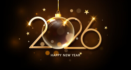 2026 golden numbers with Christmas ball. Happy New Year and Merry Christmas design template