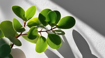 Close-up of a branch with glossy green leaves against a light wall
