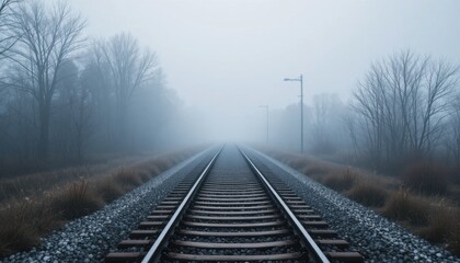Fototapeta premium Mist Envelops Empty Railroad Tracks Under a Grey Sky in a Serene Landscape