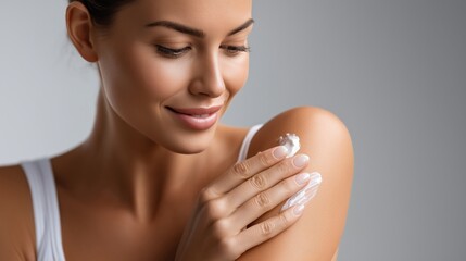 Young woman applying skincare product with a gentle smile