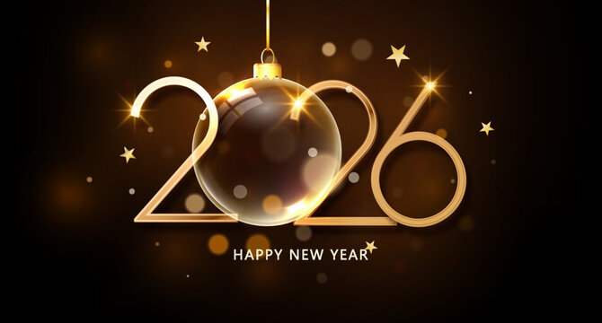 2026 golden numbers with Christmas ball. Happy New Year and Merry Christmas design template