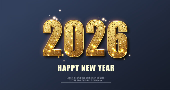 Happy New Year 2026 banner with golden luxury glitter number. Christmas Holiday Design