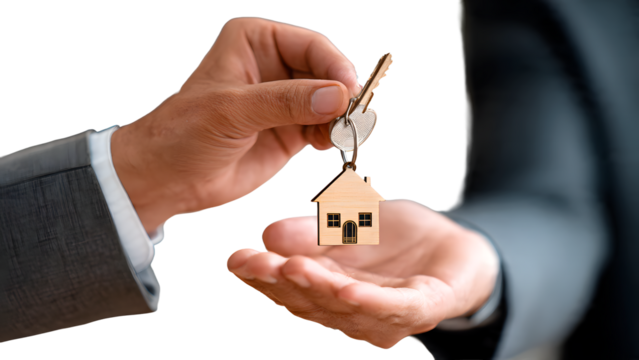 ia generated. Real estate agent's hand giving house keys to a new homeowner. Isolated on transparent background, png