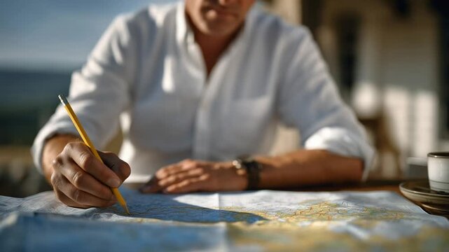 A man meticulously examines a cadastral map under bright sunlight, planning a future home purchase.