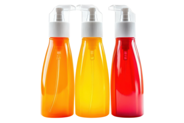 Three colorful bottles with pumps in orange yellow and red on a transparent background
