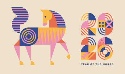 Greeting card for 2026 New Year with geometric horse. Isolated horse and numbers from simple geometric shapes and figures. Template for invitation, poster, flyer, web. Vector illustration .