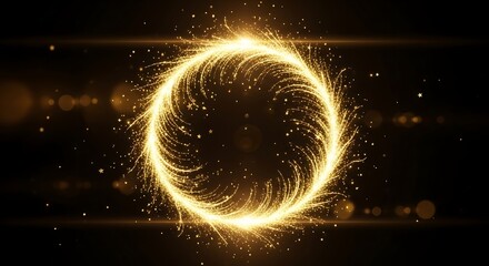 Golden particle ring with sparkling light trails on a dark background, abstract energy portal.