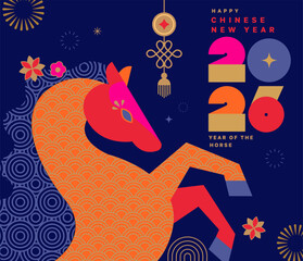 Chinese new year 2026, greeting card with bright horse from chinese pattern. Numbers, fireworks, flowers on night background. Template design for web, invitations, posters, banner, sales. Vector