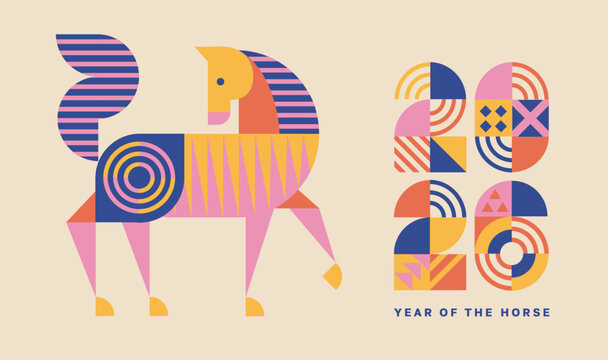 Greeting card for 2026 New Year with geometric horse. Isolated horse and numbers from simple geometric shapes and figures. Template for invitation, poster, flyer, web. Vector illustration . - Powered by Adobe