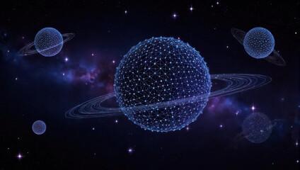 Abstract digital representation of planets with rings in a starry, nebula-filled cosmic background