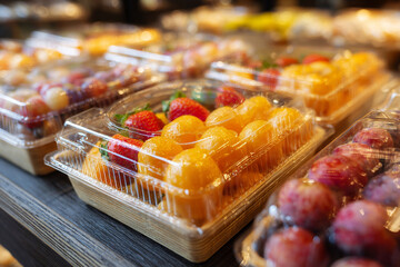 Premium packaged organic fruits in clear plastic containers, including fresh strawberries, golden plums, and grapes, displayed on wooden table in minimalist market setting, vibrant and inviting
