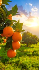 Fresh oranges on a tree at sunset