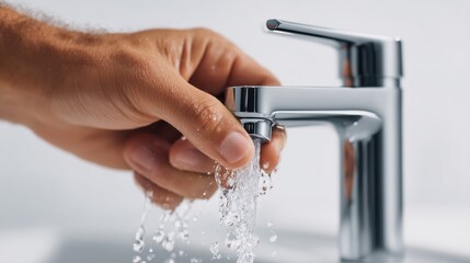 Close-up view of a hand using a modern chrome faucet
