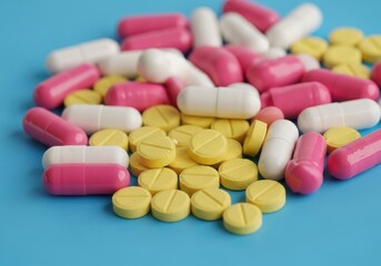 A colorful assortment of pink, white, and yellow pills and capsules on a blue surface