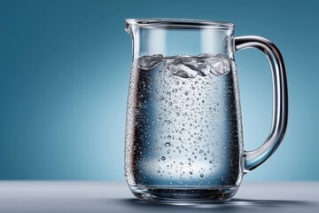 Clear glass pitcher with water and ice cubes on a gradient background