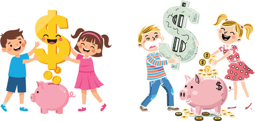 Children saving money, kids with piggy bank, financial literacy education, happy children learning finance, money management, family savings, wealth growth, coins
