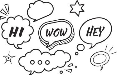 Hand drawn doodle speech bubbles and stars with words hi wow and hey