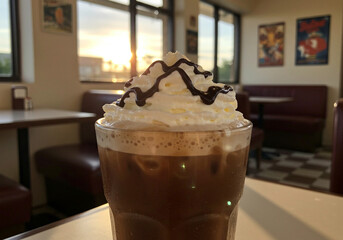 Iced Coffee with Whipped Cream in Retro Diner Setting