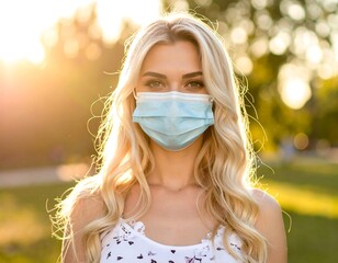 Young blonde woman outdoors with sunlight wearing a face mask