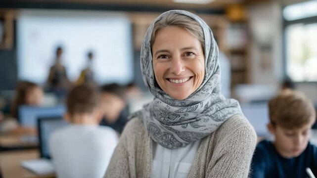 A diverse virtual classroom with a hijab-wearing educator engaging students through digital resources and interactive online learning. - Powered by Adobe