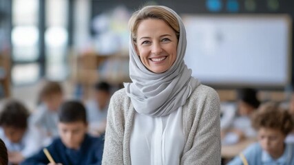 Inclusive e-learning with a hijab-wearing educator using a digital whiteboard to engage diverse students in modern pedagogy. - Powered by Adobe