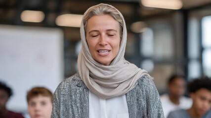 Inclusive hijab-wearing educator engages diverse students through e-learning and digital whiteboard, emphasizing modern pedagogy. - Powered by Adobe