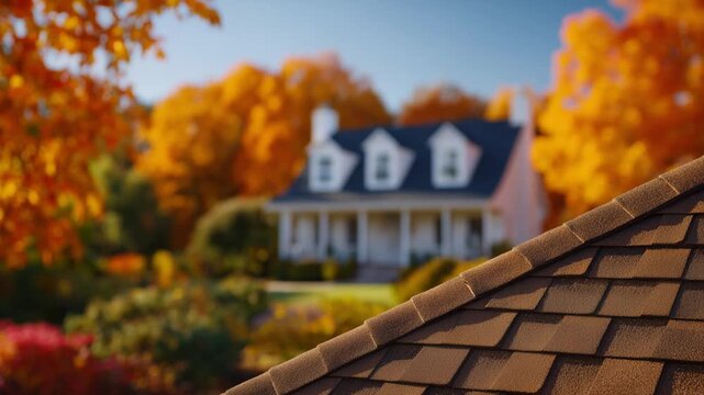 Crisp brown shingles in sharp focus with afternoon sunlight, set against a blurred backdrop of a warm-toned house and vibrant orange autumn trees.