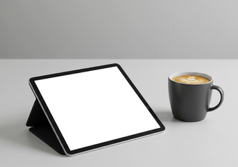 Tablet with Blank Screen and Latte on Minimalist Workspace