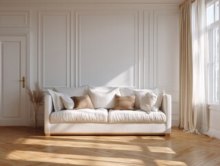 Fototapeta premium A white couch is in a room with a tan curtain