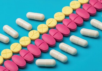 A colorful assortment of pink, yellow, and white pills and capsules are arranged in diagonal lines on a blue background