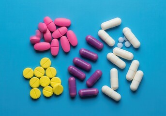 Various colorful pills and capsules are arranged in groups on a vibrant blue background