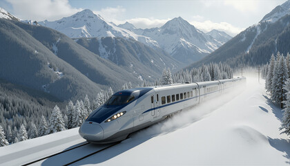 high-speed train travels in snowy mountains