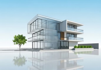 A modern glass house with clean lines and a minimalist design stands against a clear blue sky
