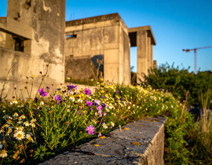 Wildflowers on a Concrete Ledge with Ruins