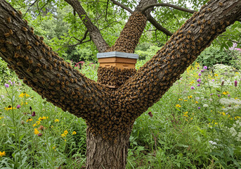 Swarming Honey Bees on Tree with Beehive Box in Lush Garden