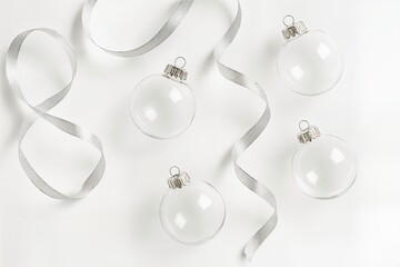 White background, glass Christmas balls and silver ribbons, clean studio light, luxury winter aesthetic