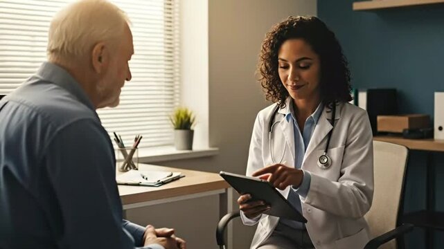 Female Doctor Consulting Elderly Patient in Modern Clinic Office | 4K Cinematic Medical Scene