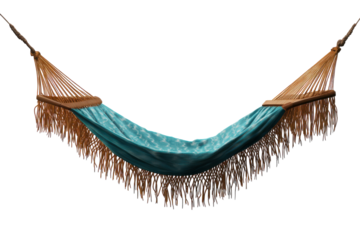 Isolated turquoise hammock with brown fringe hanging against a transparent background