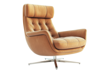 Isolated tan leather swivel chair with headrest and button tufting on white background