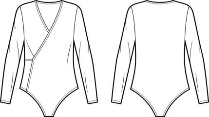 Wrap Long Sleeve Bodysuit CAD Drawing, Women’s Fashion Flat Sketch, Bodysuit Design Vector Template for Sewing Patterns and Apparel