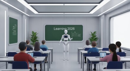 Futuristic classroom with robotic teacher leading a session for students