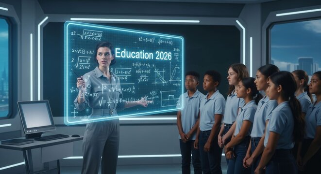 Teacher Explaining Mathematics on Holographic Blackboard to Students in 2026