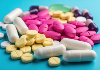 A colorful pile of various pharmaceutical pills and capsules scattered on a vibrant blue surface