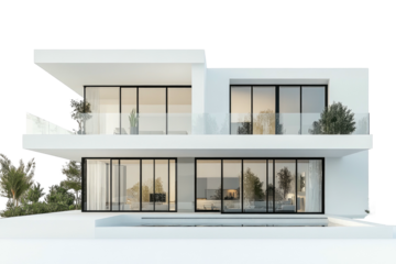 Modern, two-story white house with large windows and minimalist landscaping