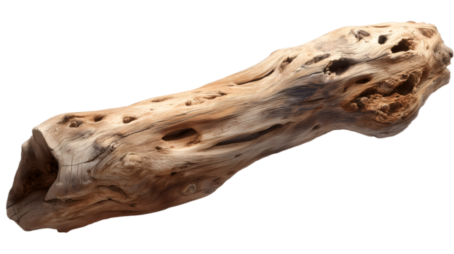 Weathered wooden log with numerous holes, showcasing natural decay and unique textures, set against a dark background.