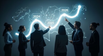 Business team collaborating on futuristic roadmap highlighting goals through 2026