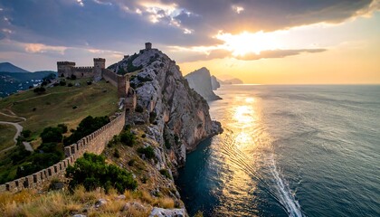 A picturesque coastal landscape at sunset features a stone fortress atop a craggy cliff, overlooking a serene ocean. Golden light bathes the scene
