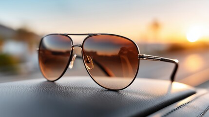 Aviator sunglasses on textured leather with sunset background