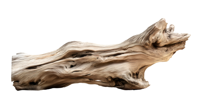 Weathered log isolated against a black backdrop, highlighting the intricate textures and natural details of the wood.