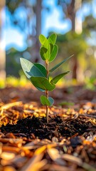 Young green plant growing from dark soil, sunlight illuminates leaves